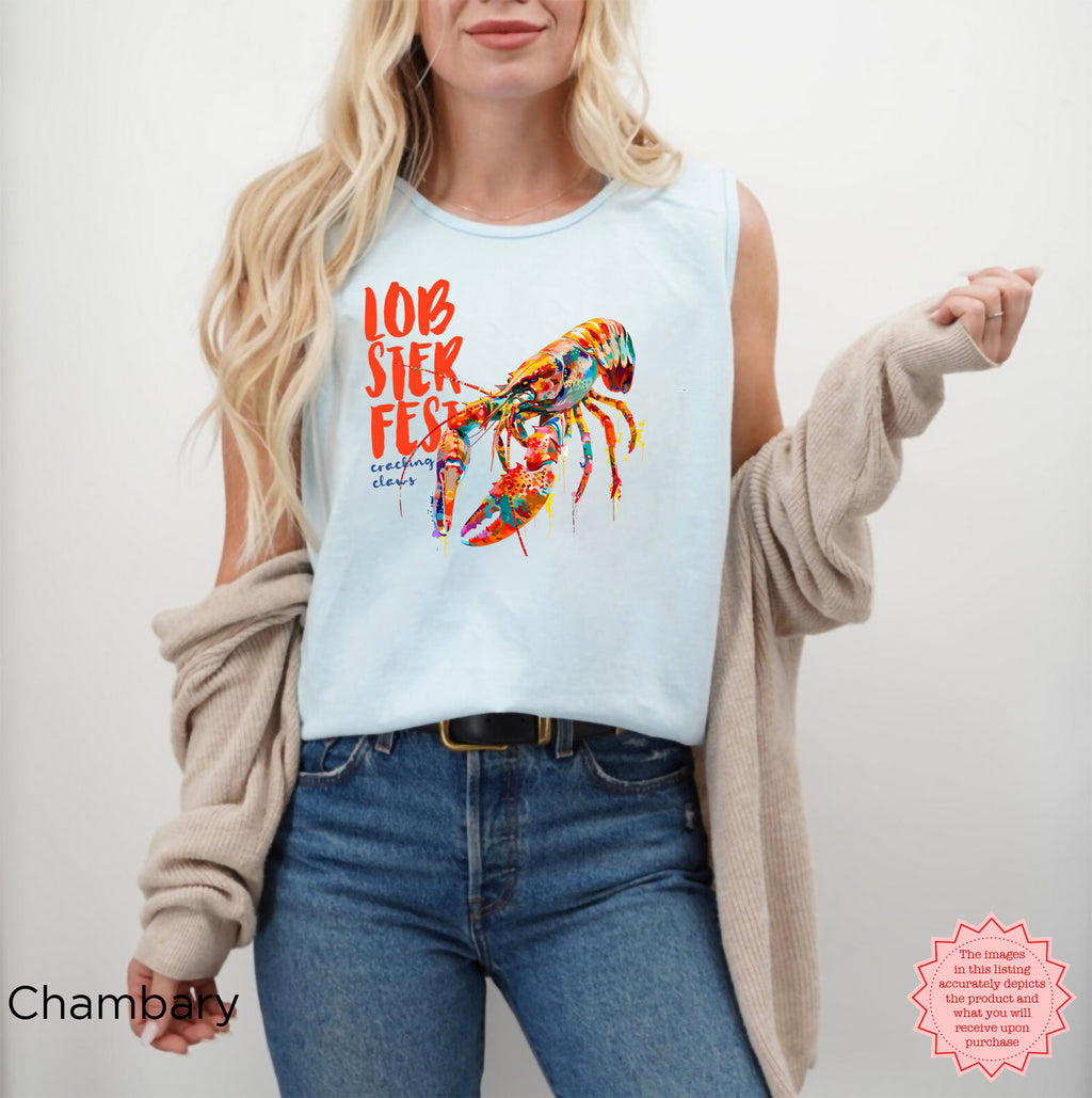 Coastal summer tank top with artistic lobster design on garment-dyed cotton fabric.