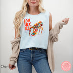 Coastal summer tank top with artistic lobster design on garment-dyed cotton fabric.