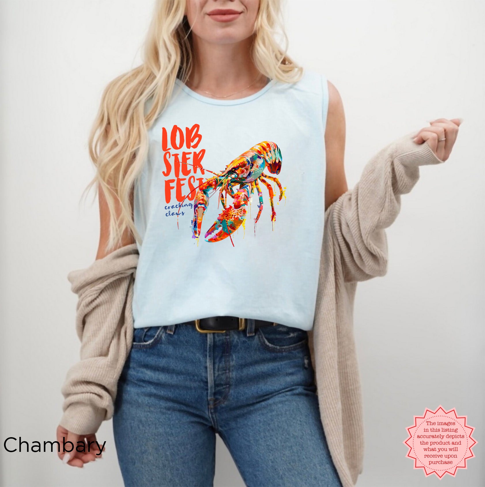 Coastal summer tank top with artistic lobster design on garment-dyed cotton fabric.