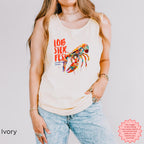 Women's lobster graphic tank top styled for beach holidays and seafood festivals.