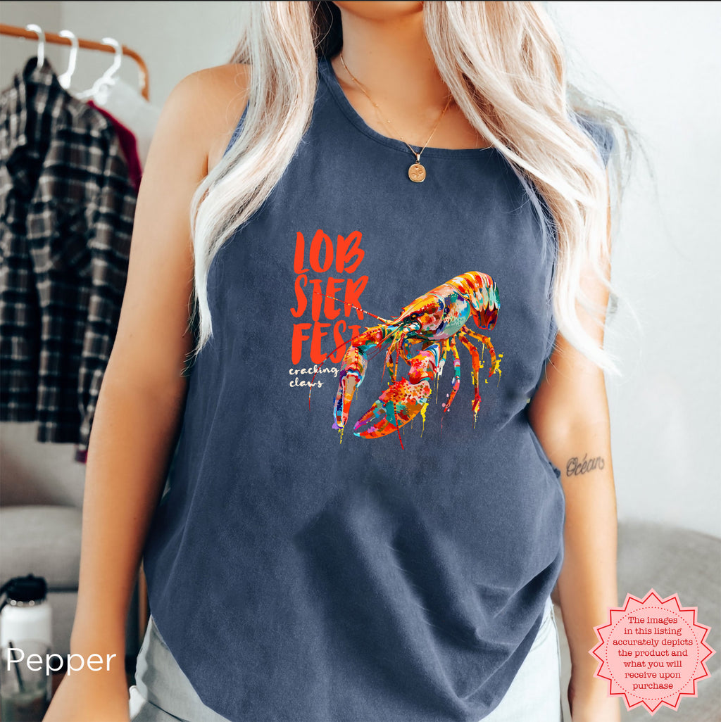 Comfort Colors 9360 tank featuring colourful lobster artwork and nautical aesthetic.