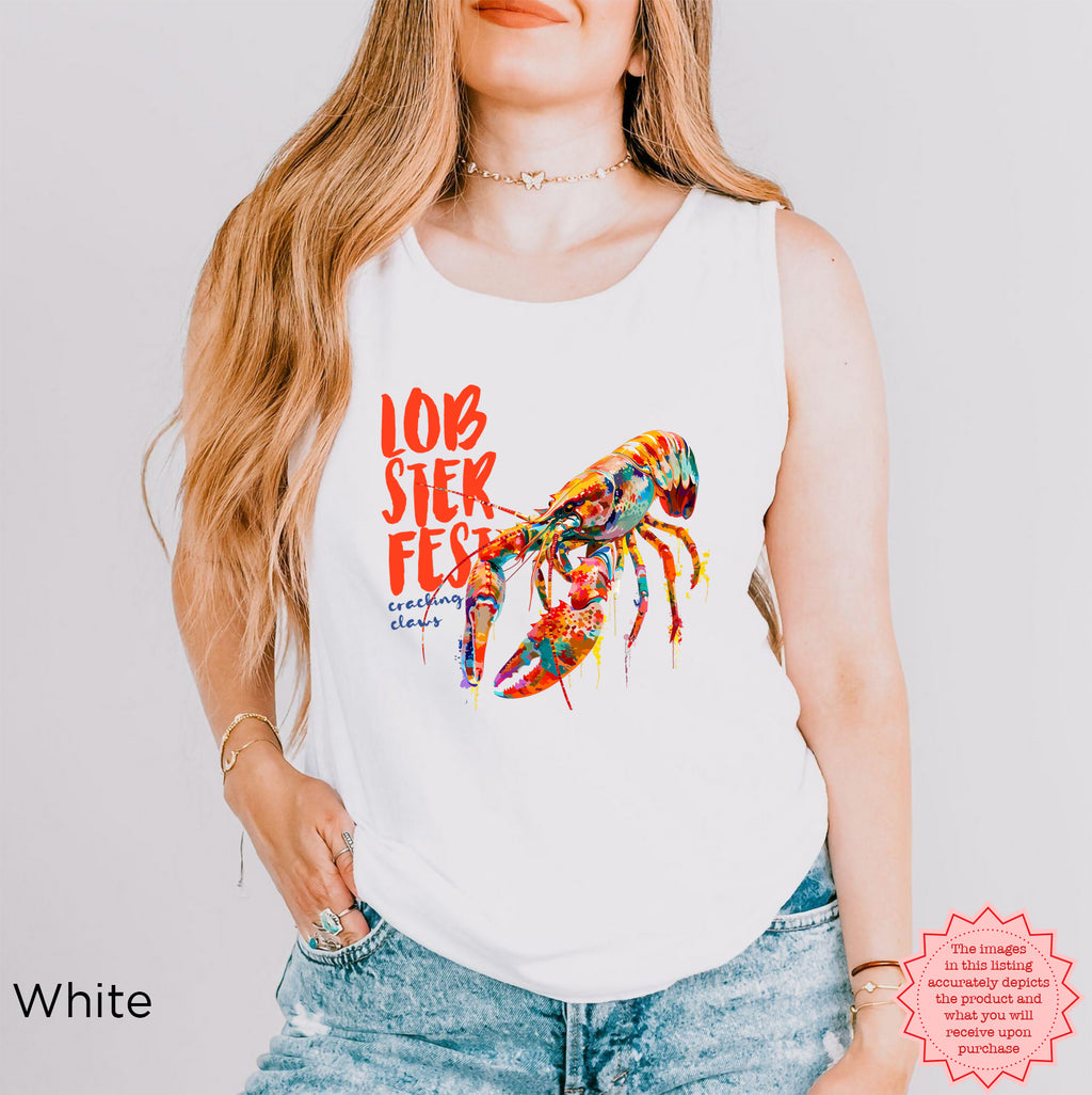 Maine lobster festival inspired tank top for seafood lovers and coastal fashion enthusiasts.