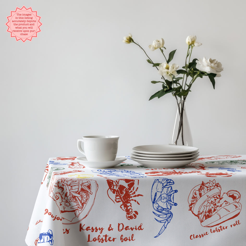 Lobster & Crab Tablecloth – Seafood Lovers’ Dining, Custom Red & Blue Print, Elegant Coastal Kitchen Decor
