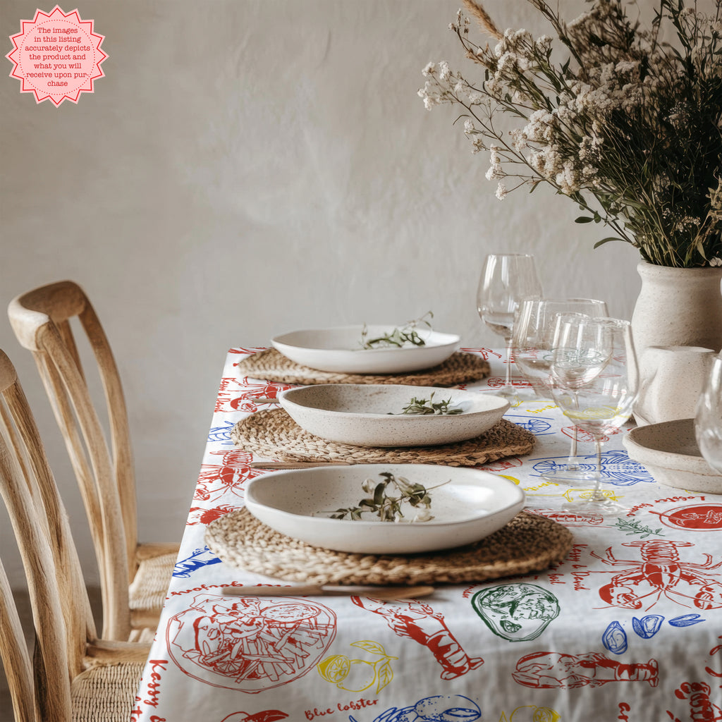 Lobster & Crab Tablecloth – Seafood Lovers’ Dining, Custom Red & Blue Print, Elegant Coastal Kitchen Decor