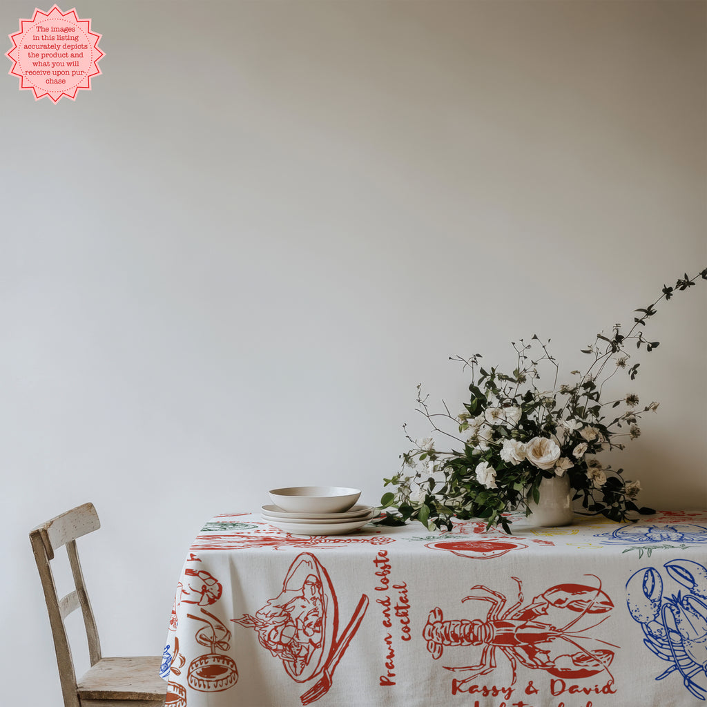 Lobster & Crab Tablecloth – Seafood Lovers’ Dining, Custom Red & Blue Print, Elegant Coastal Kitchen Decor