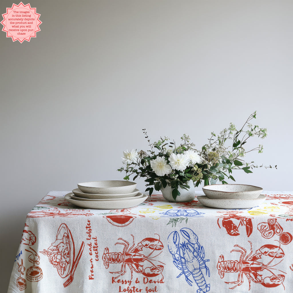 Lobster & Crab Tablecloth – Seafood Lovers’ Dining, Custom Red & Blue Print, Elegant Coastal Kitchen Decor