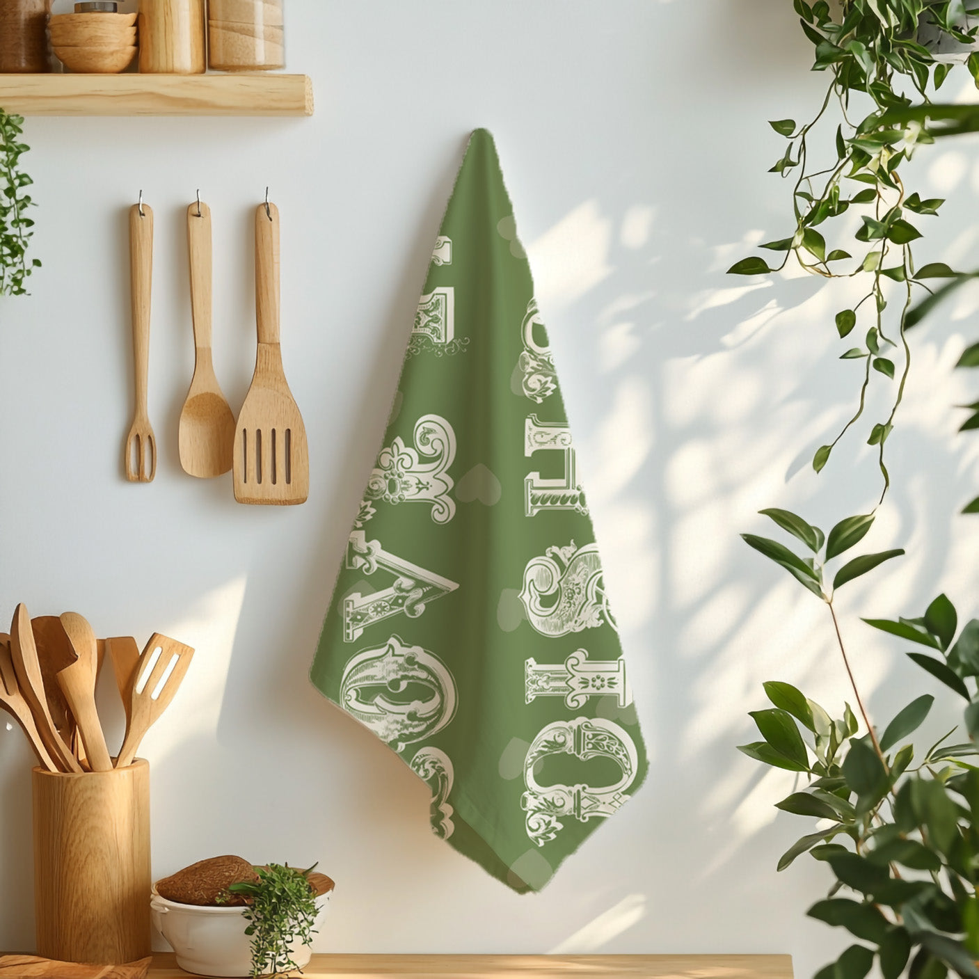 Artful olive green kitchen linen with vintage style typography