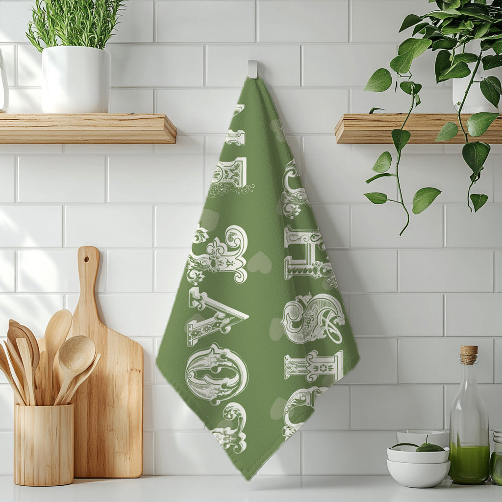 Love in Dishes Tea Towel – Mediterranean Olive Green Kitchen Linen
