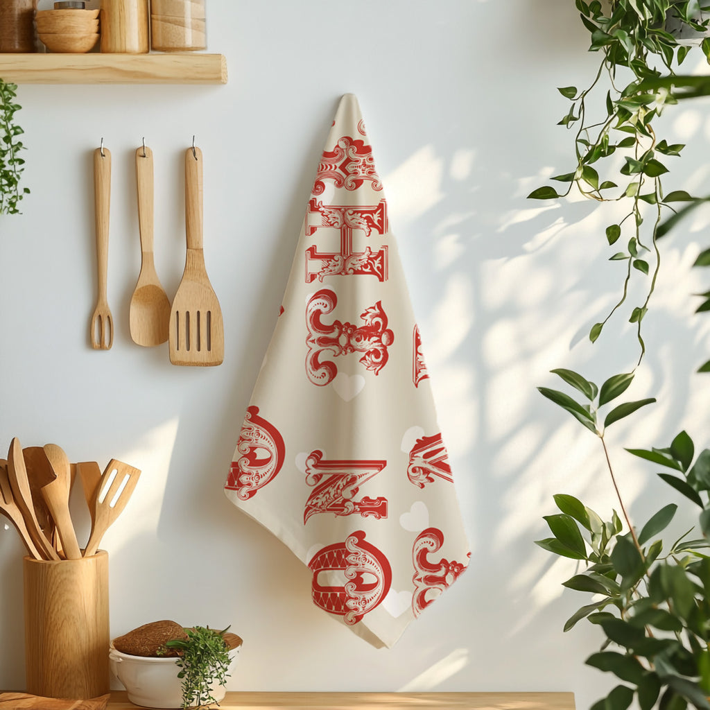 Decorative tea towel with European-inspired lettering in a Mediterranean kitchen