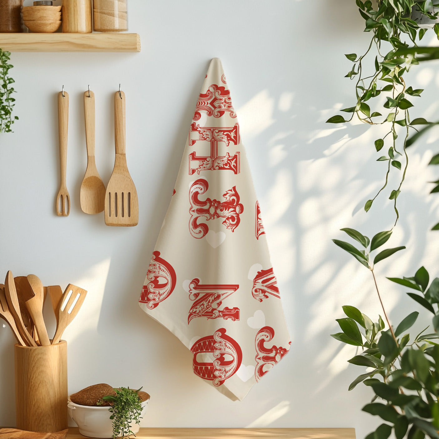 Decorative tea towel with European-inspired lettering in a Mediterranean kitchen