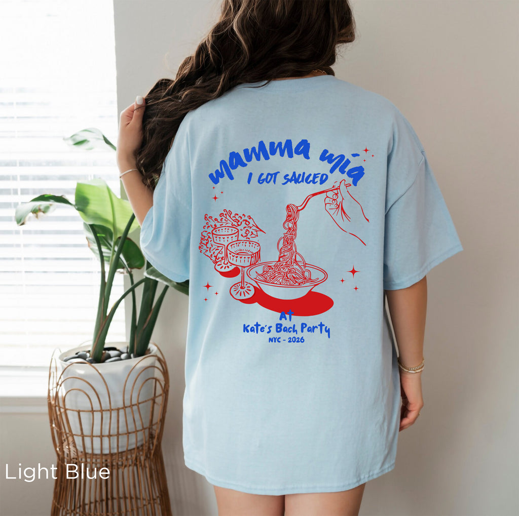 Double-sided personalised Mamma Mia I Got Sourced hen party T-shirt for bride and bridal party