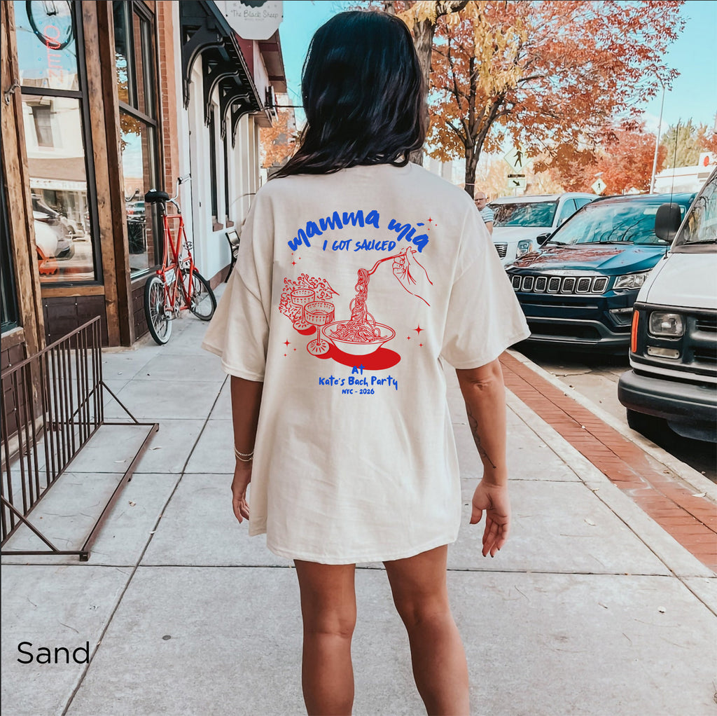 Sand personalised bachelorette T-shirt featuring Mamma Mia I Got Sourced typography and Italian food illustration