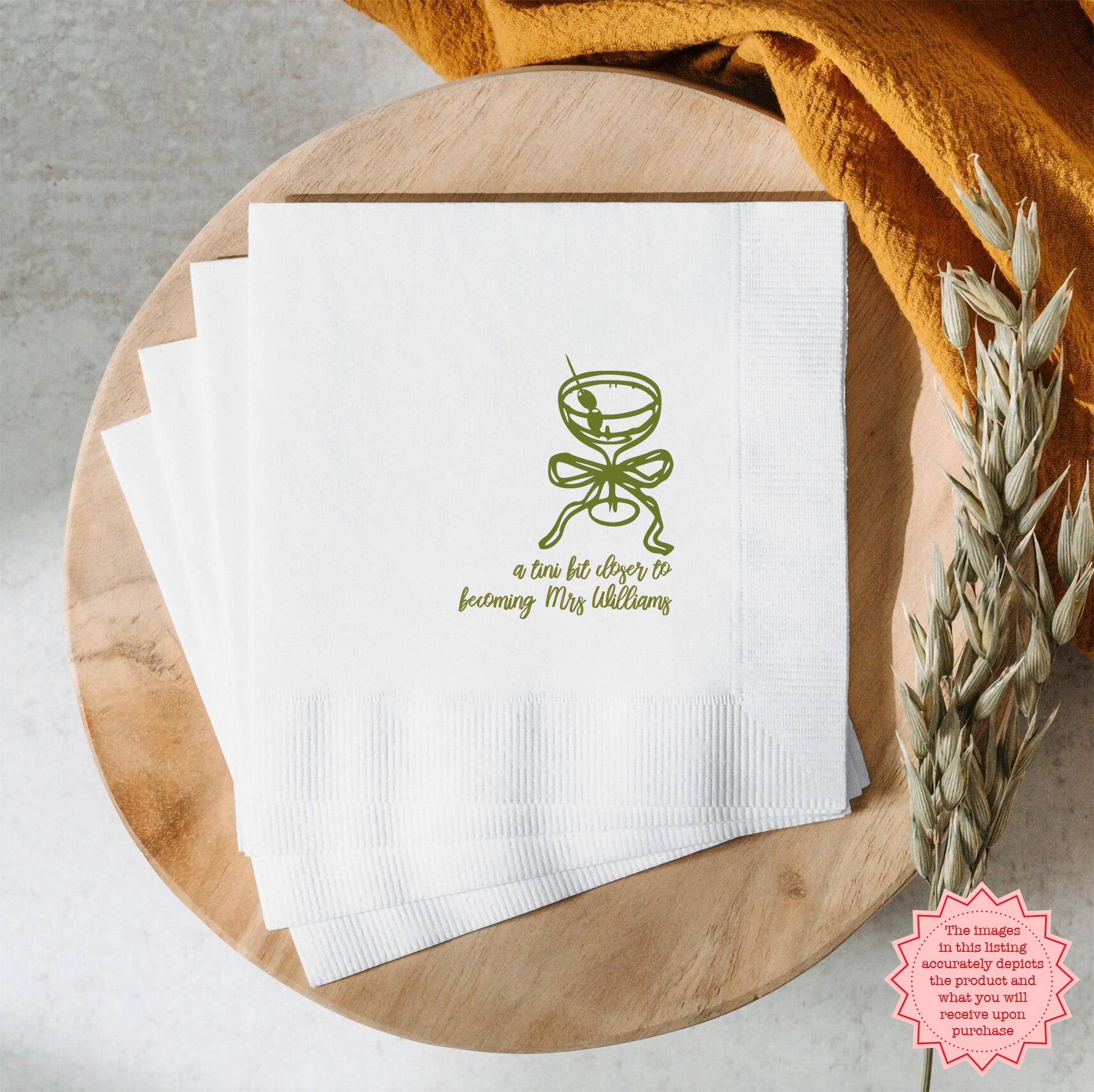 Personalized martini theme napkin featuring a stylish martini glass with bow design and custom name for a cocktail party.