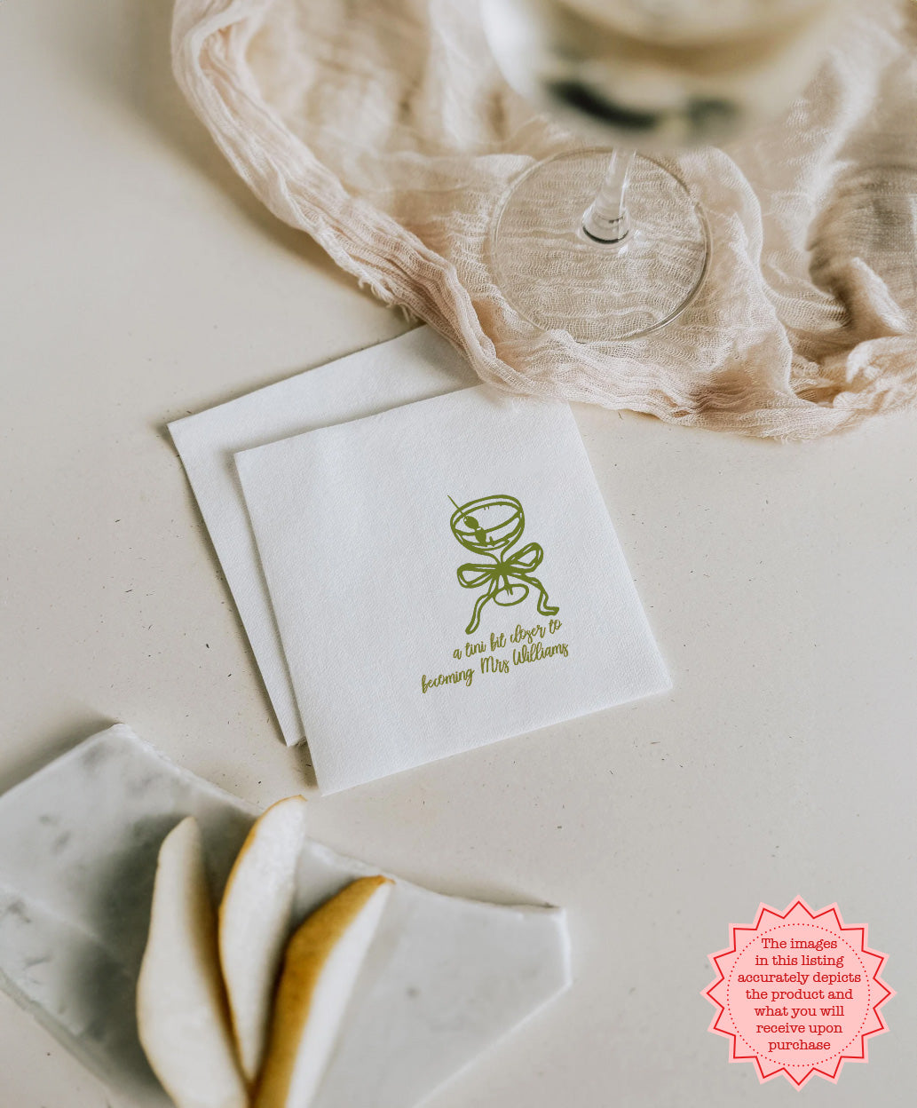 Custom cocktail party napkin with elegant martini glass illustration, personalized for a bachelorette party or bridal shower.