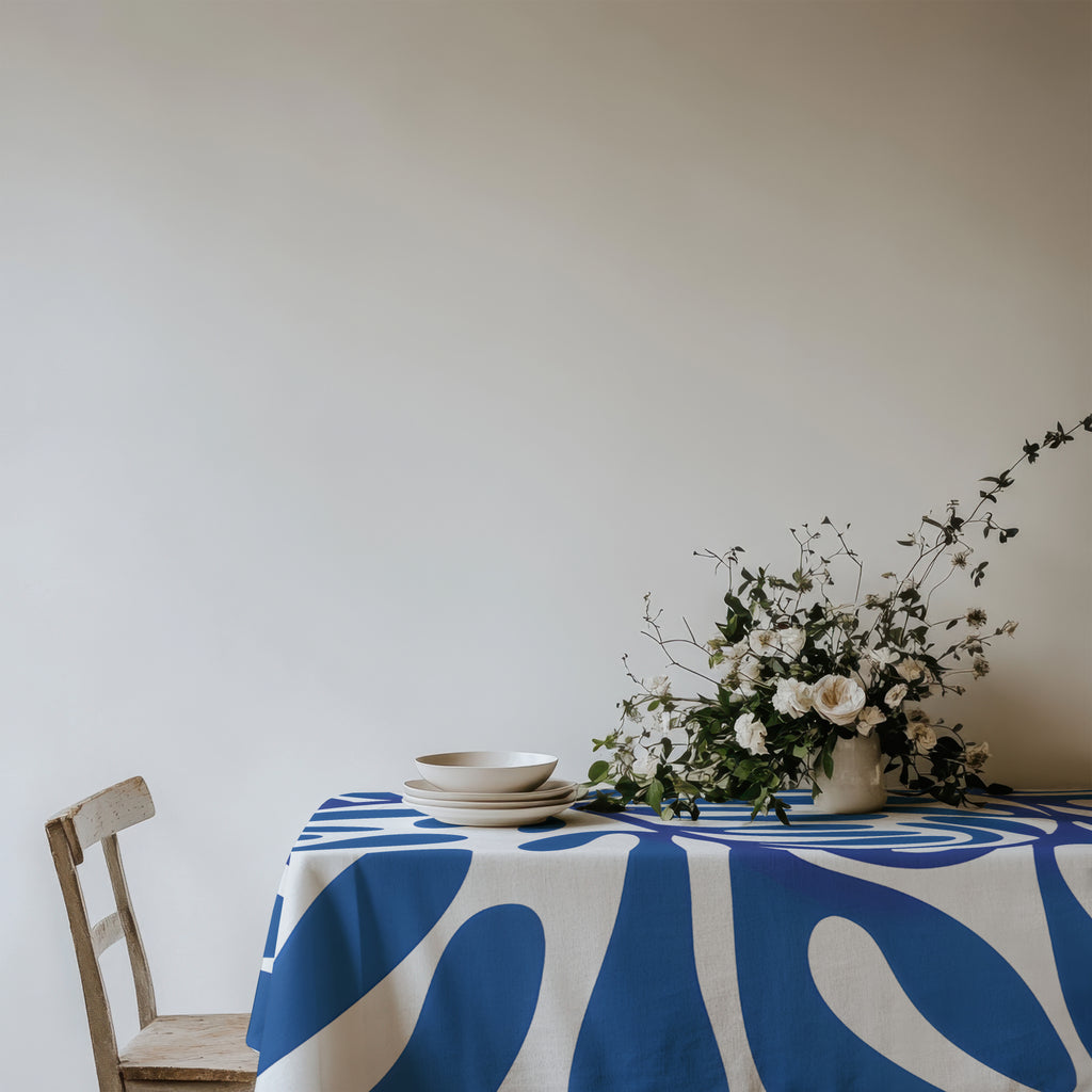 Premium cotton twill blue Matisse inspired tablecloth styled for everyday entertaining