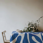 Premium cotton twill blue Matisse inspired tablecloth styled for everyday entertaining