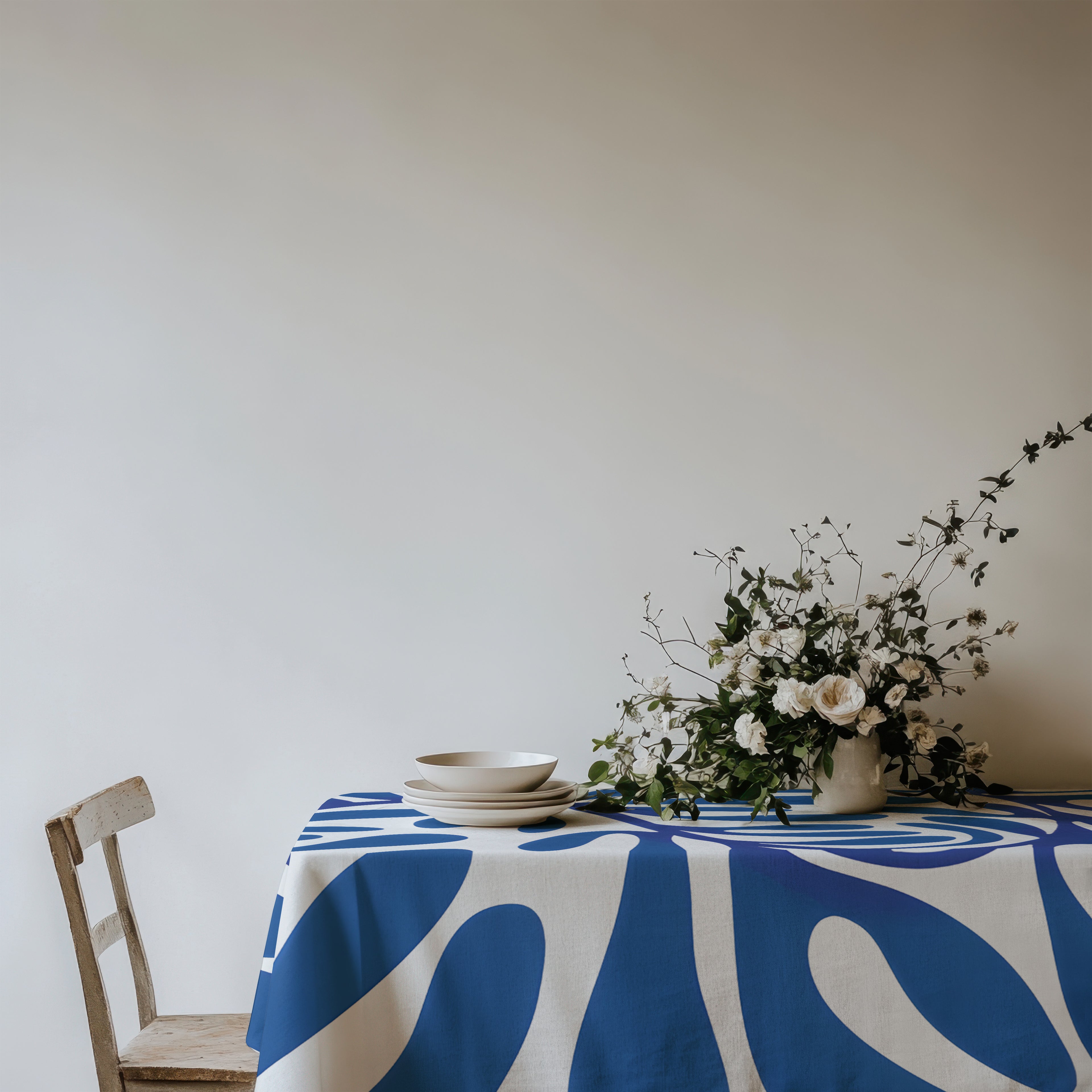 Premium cotton twill blue Matisse inspired tablecloth styled for everyday entertaining