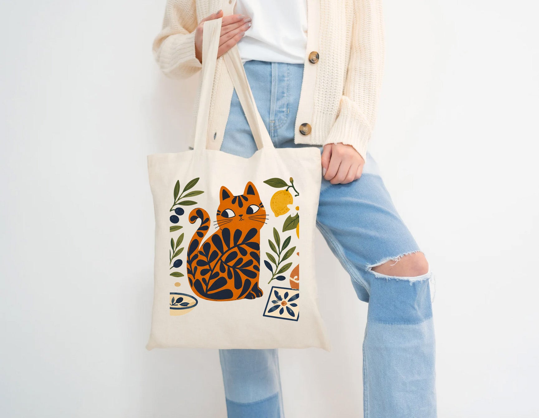 Mediterranean market tote bag with whimsical Matisse-style cat artwork printed on durable cotton canvas.