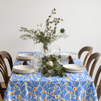 Blue and terracotta botanical tablecloth inspired by Mediterranean gardens and modern coastal home décor.