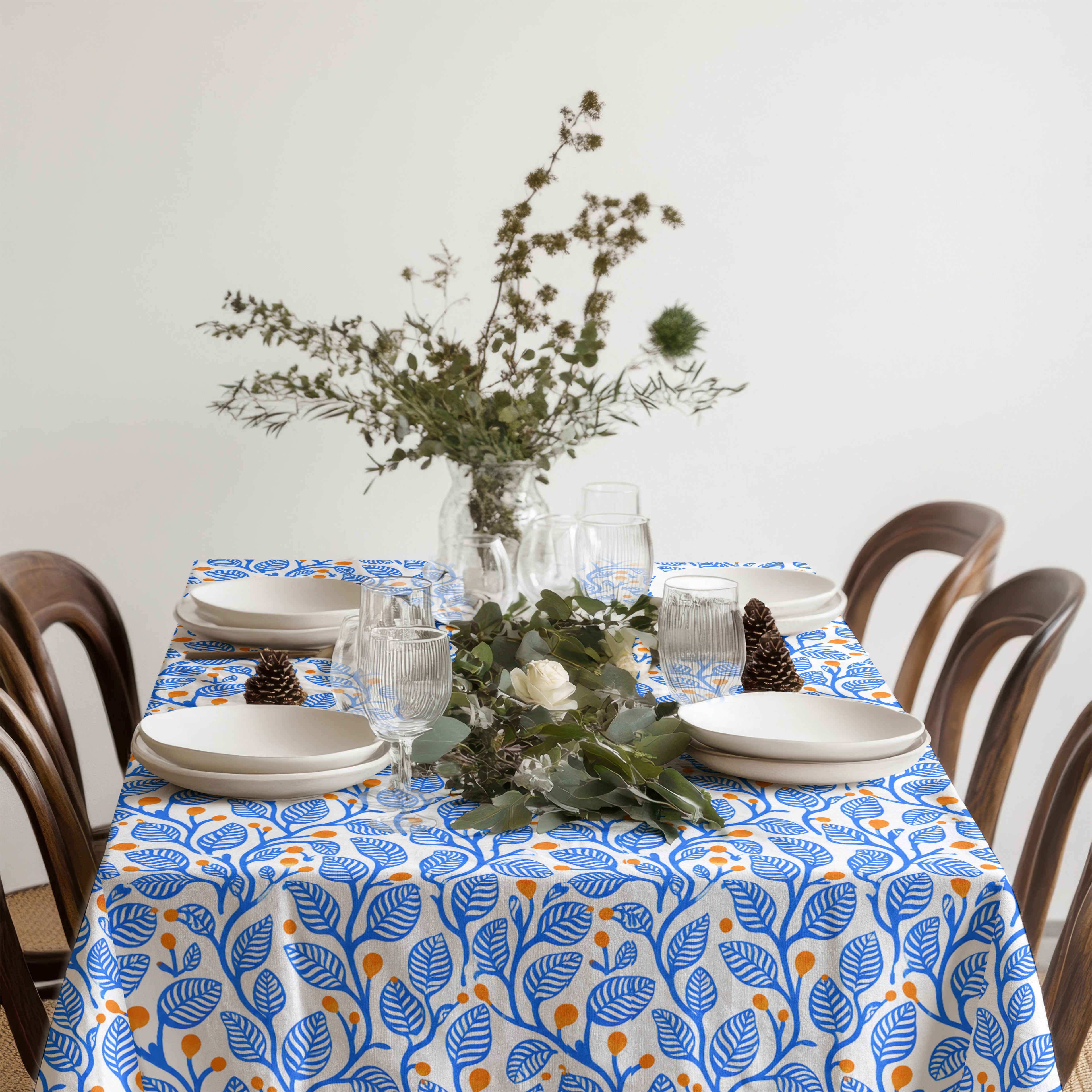 Blue and terracotta botanical tablecloth inspired by Mediterranean gardens and modern coastal home décor.