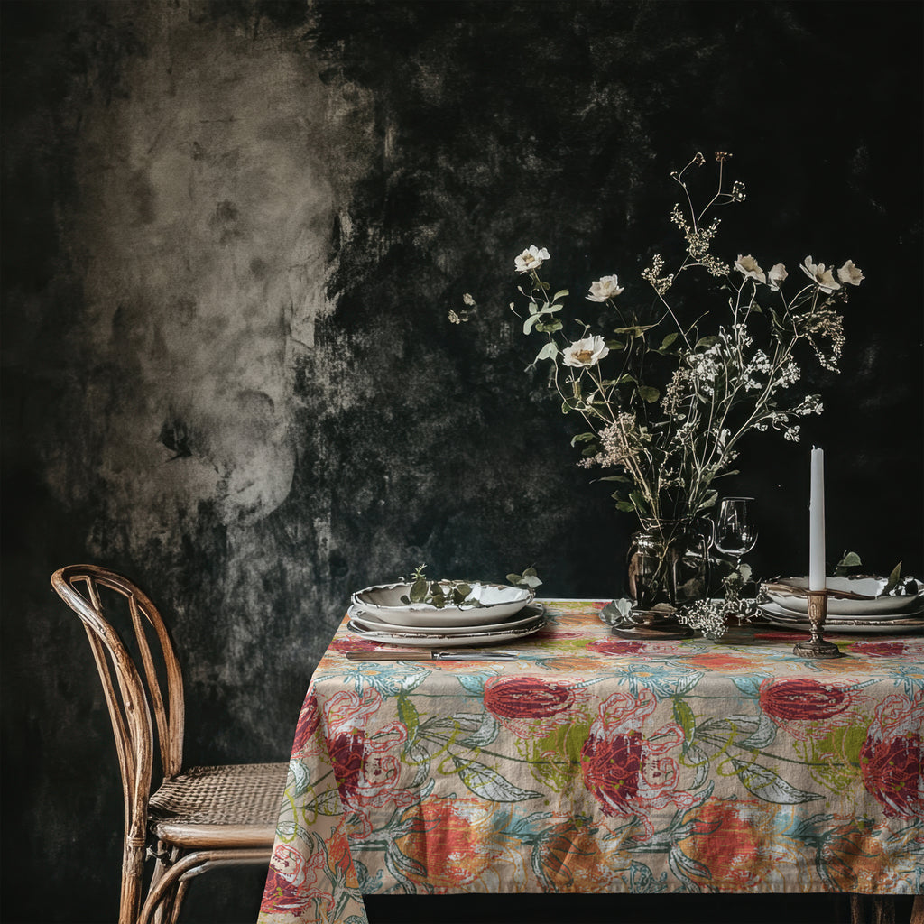 Botanical cotton twill tablecloth with warm coral and sage tones styled for modern Mediterranean dining