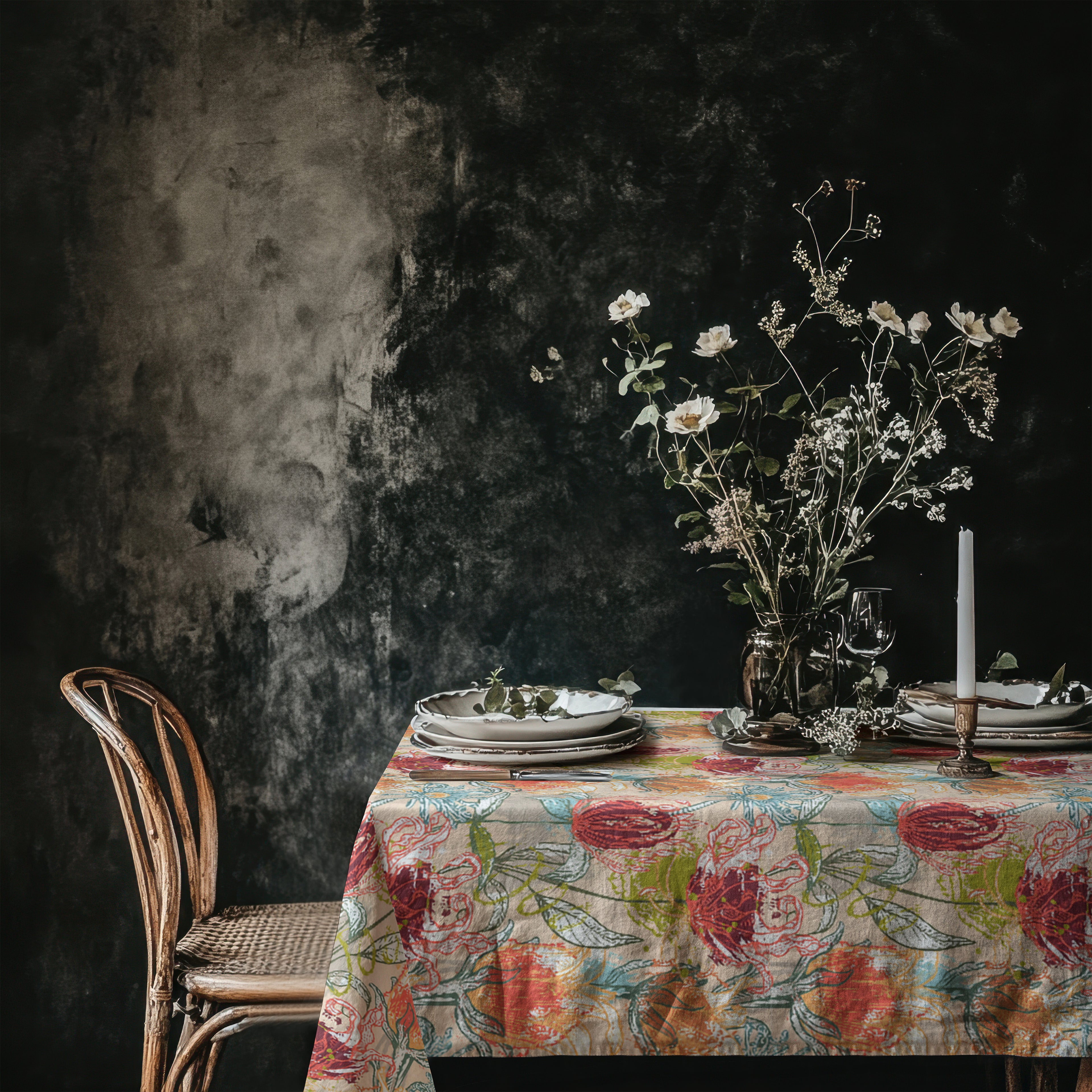 Botanical cotton twill tablecloth with warm coral and sage tones styled for modern Mediterranean dining