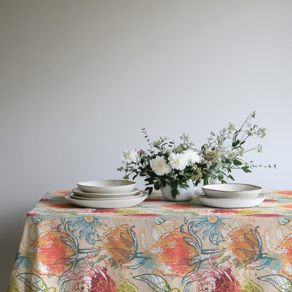 Modern Mediterranean floral tablecloth draped over dining table with simple place settings and fresh greenery