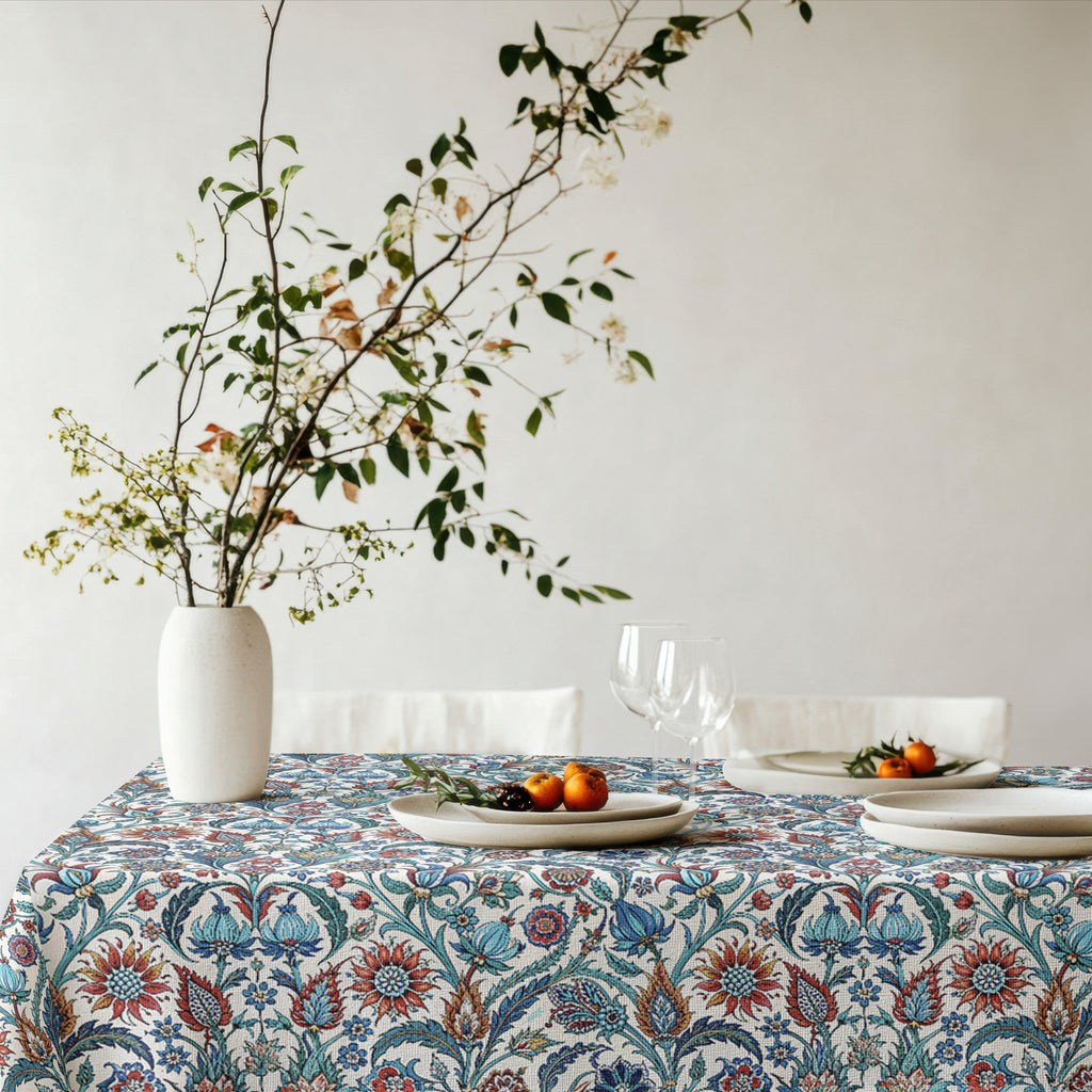Close up of intricate Turkish floral pattern on Mediterranean cotton twill tablecloth