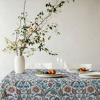 Close up of intricate Turkish floral pattern on Mediterranean cotton twill tablecloth
