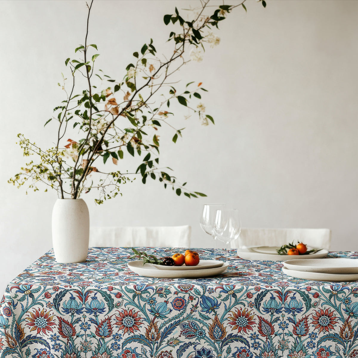 Close up of intricate Turkish floral pattern on Mediterranean cotton twill tablecloth