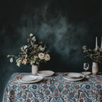 Colourful Mediterranean tablecloth with vintage floral and botanical motifs in blue, red and ivory