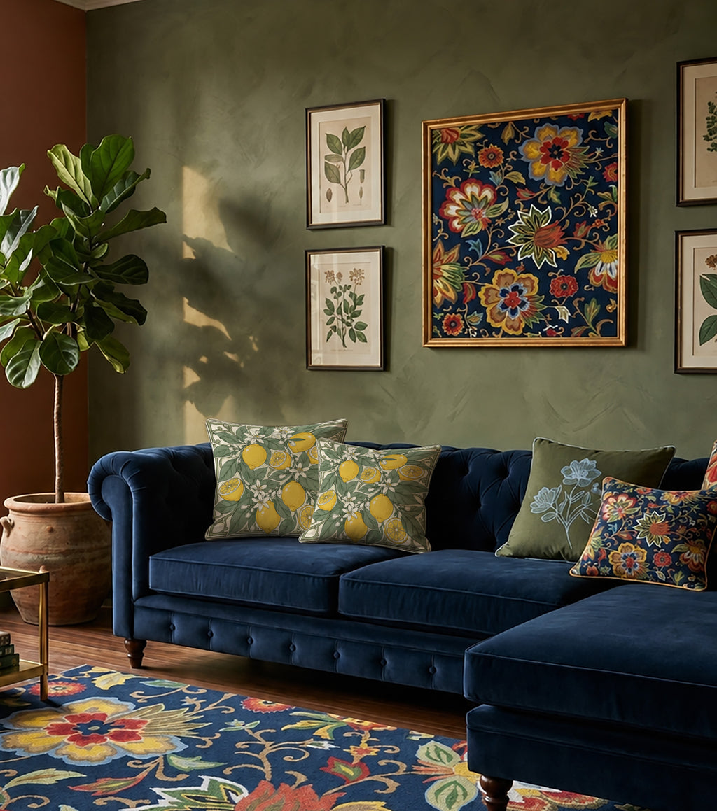 Decorative Mediterranean cushion with illustrated lemons, citrus blossoms and botanical greenery.