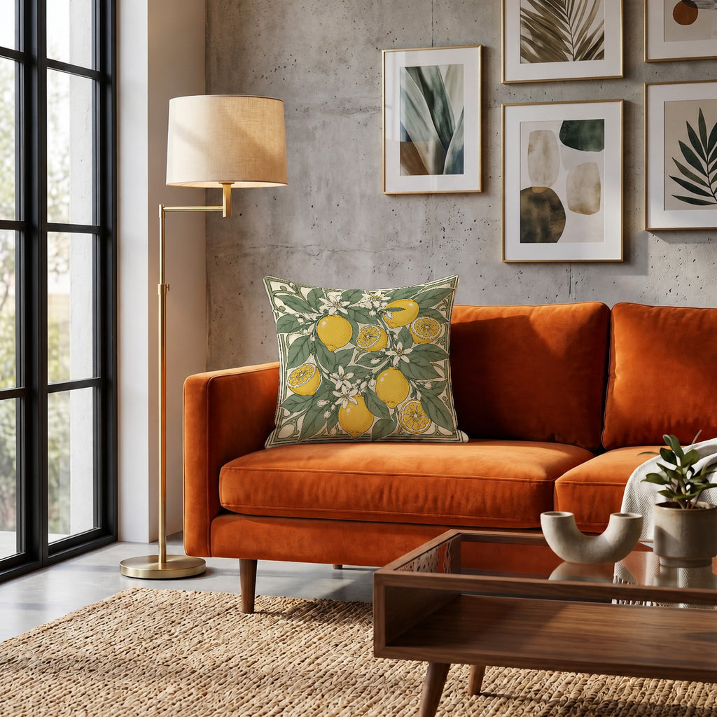 Mediterranean decorative throw pillow with lemon branches and botanical floral artwork.