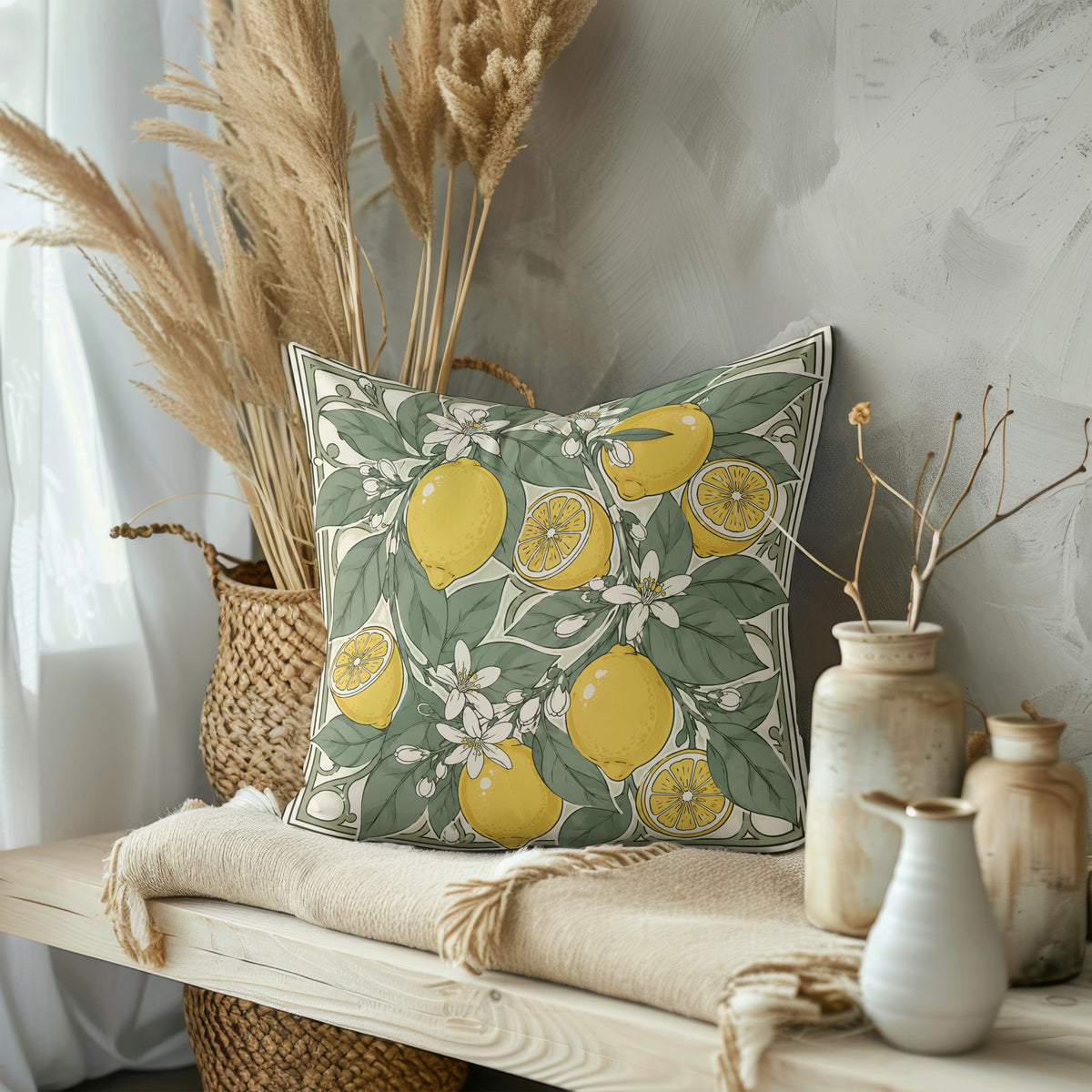 Mediterranean lemon decorative cushion with layered citrus artwork and artisan inspired detailing.