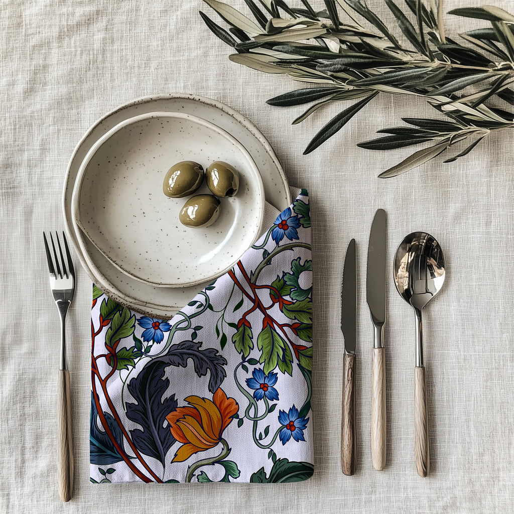 Modern luxury Mediterranean botanical napkin styled on an elegant dining table