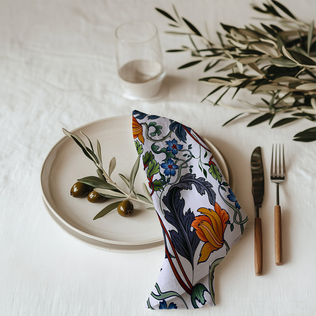 Mediterranean botanical cotton napkin with modern luxury leaf and floral design