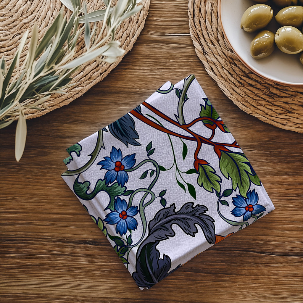 Close-up of fade-resistant botanical print on a cotton twill table napkin