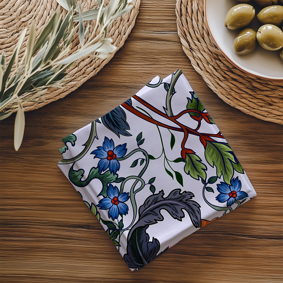 Close-up of fade-resistant botanical print on a cotton twill table napkin