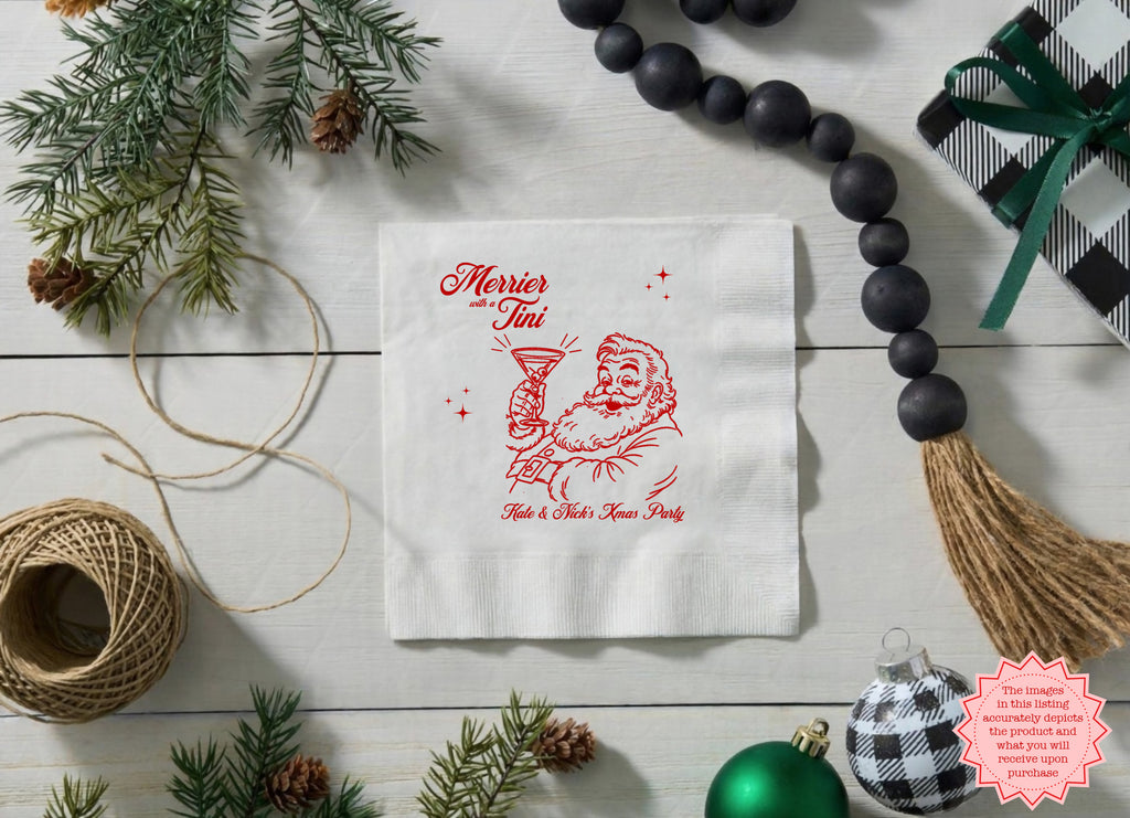 Custom Christmas party napkin featuring personalised names beneath the Merrier with a Tini Santa cocktail design in red ink.