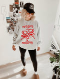 Ash Gildan 18000 crewneck sweatshirt featuring the “Merrier with a Martini” Christmas cocktail design, festive holiday apparel.