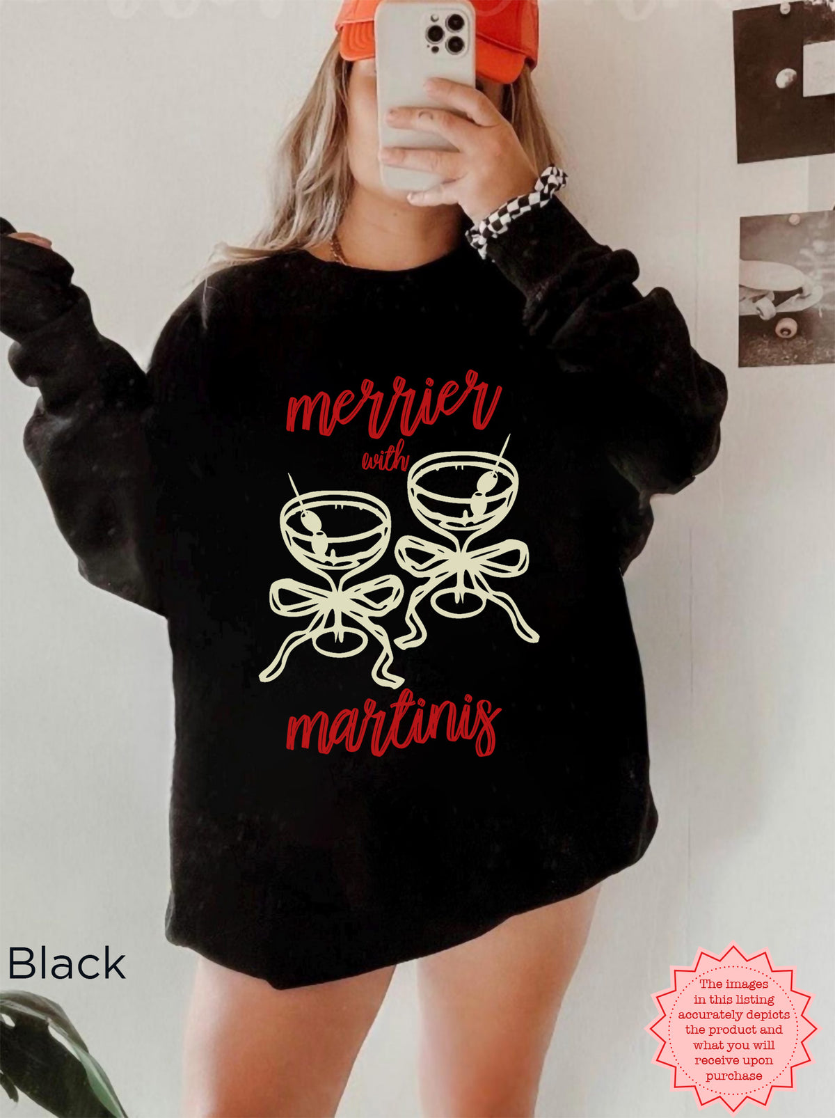 Black Gildan 18000 crewneck sweatshirt with the “Merrier with a Martini” funny Christmas cocktail graphic, holiday party outfit.