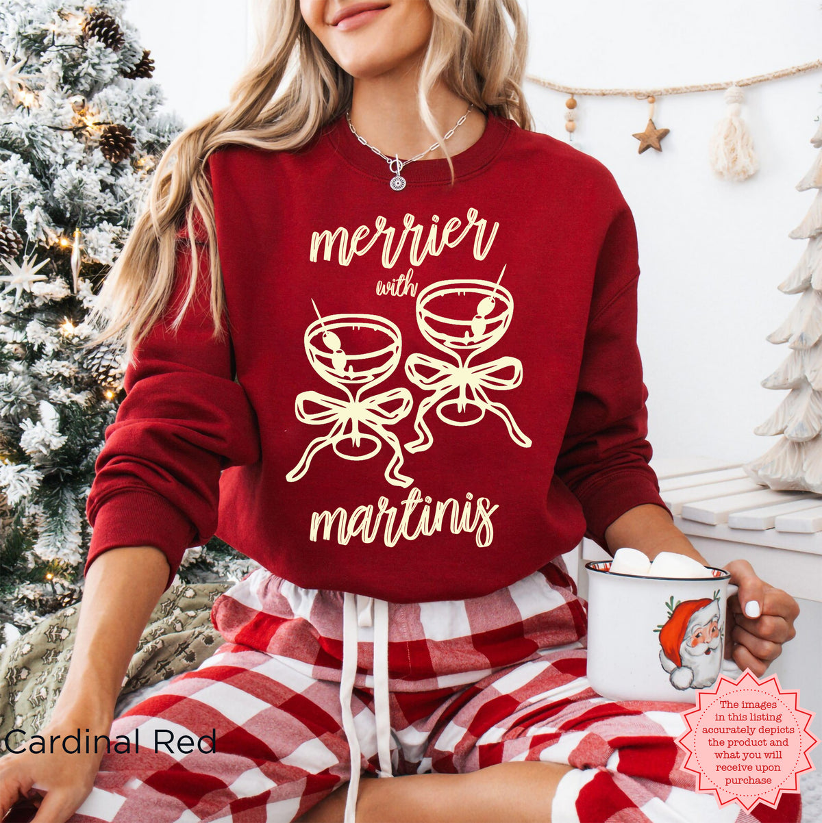 Cardinal Red Gildan 18000 sweatshirt featuring the “Merrier with a Martini” Christmas design, cozy cocktail lover crewneck.