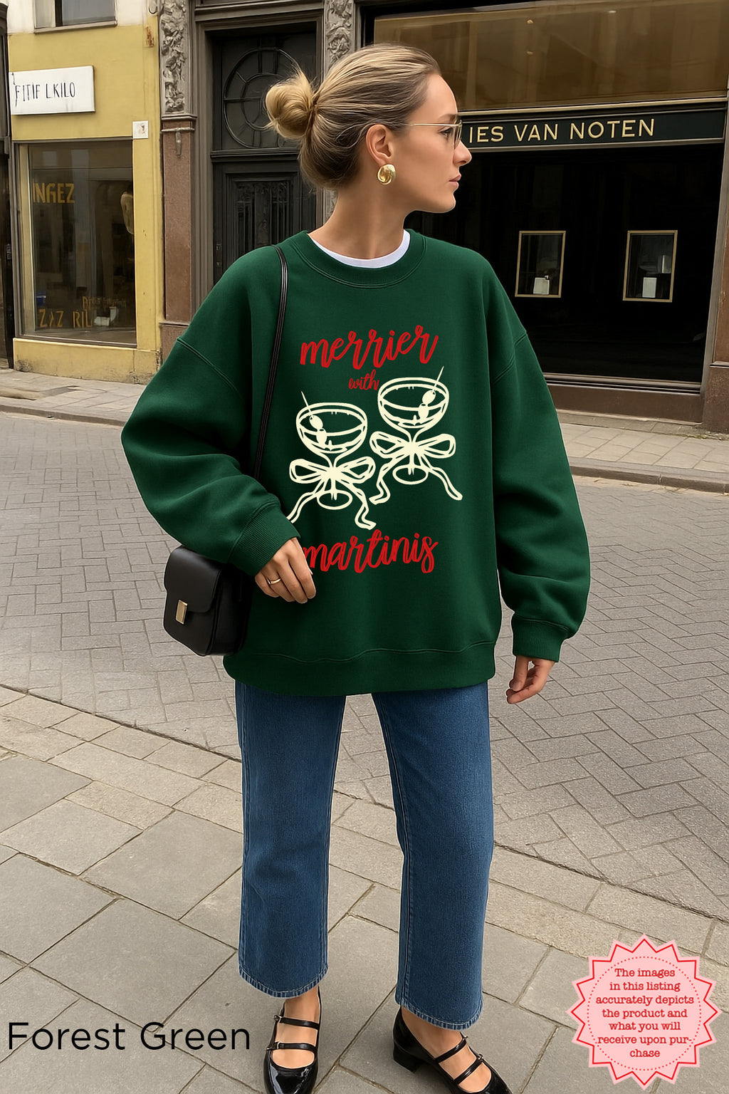 Forest Green Christmas sweatshirt with the “Merrier with a Martini” cocktail graphic, festive holiday party crewneck.