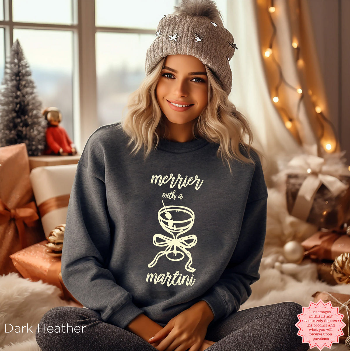 Dark Heather sweatshirt featuring the Merrier With A Martini retro holiday design, cozy Christmas party crewneck.