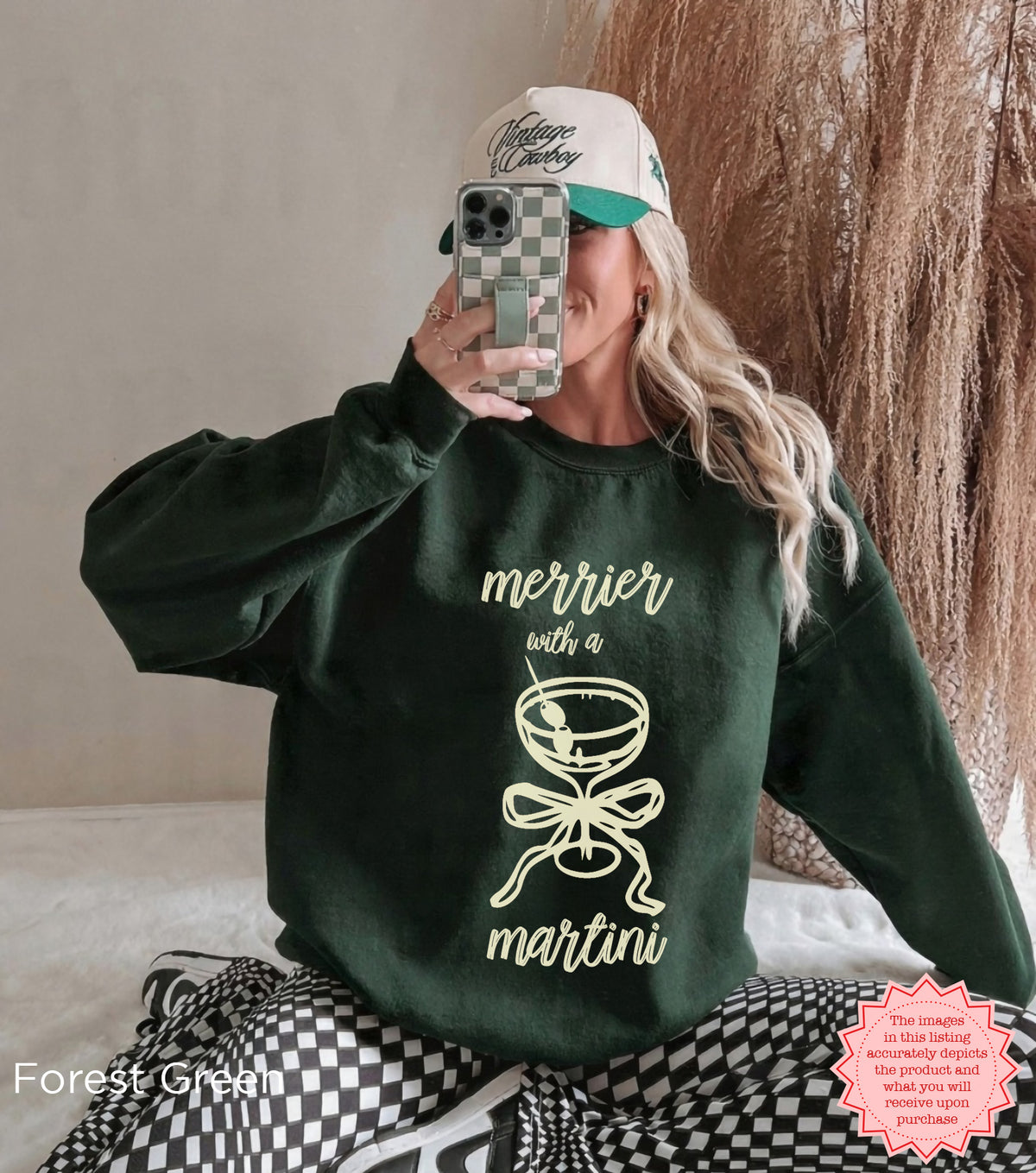 Forest Green crewneck sweatshirt featuring the Merrier With A Martini Christmas design, cozy holiday cocktail apparel.
