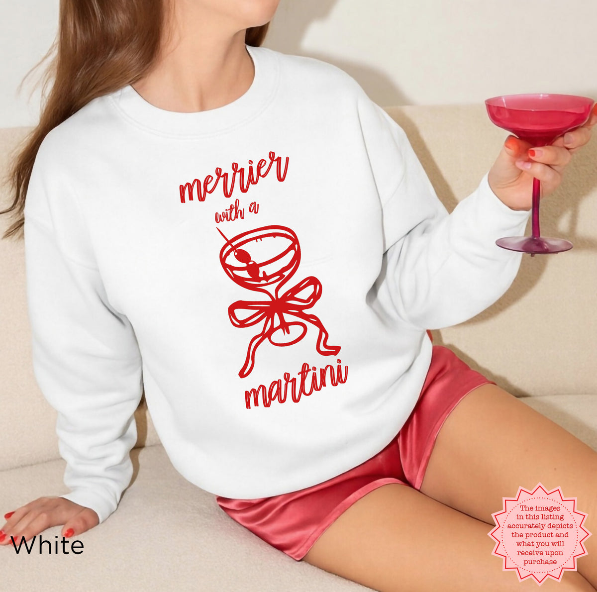 White Gildan 18000 crewneck sweatshirt featuring the Merrier With A Martini retro Christmas graphic, coquette holiday party outfit.