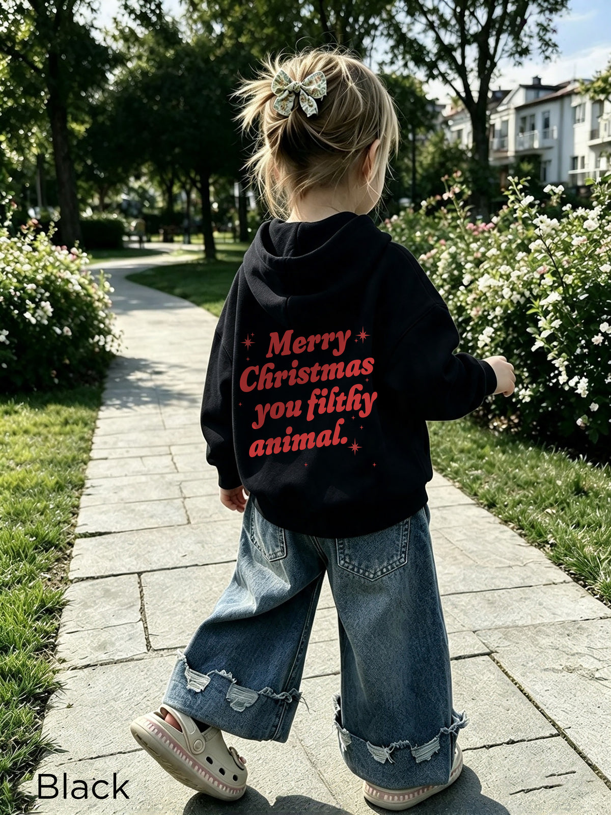 Black pullover Kids hoodie Merry Christmas You Filthy Animal pullover hoodie by Rabbit Skins with plain front and kangaroo pocket.