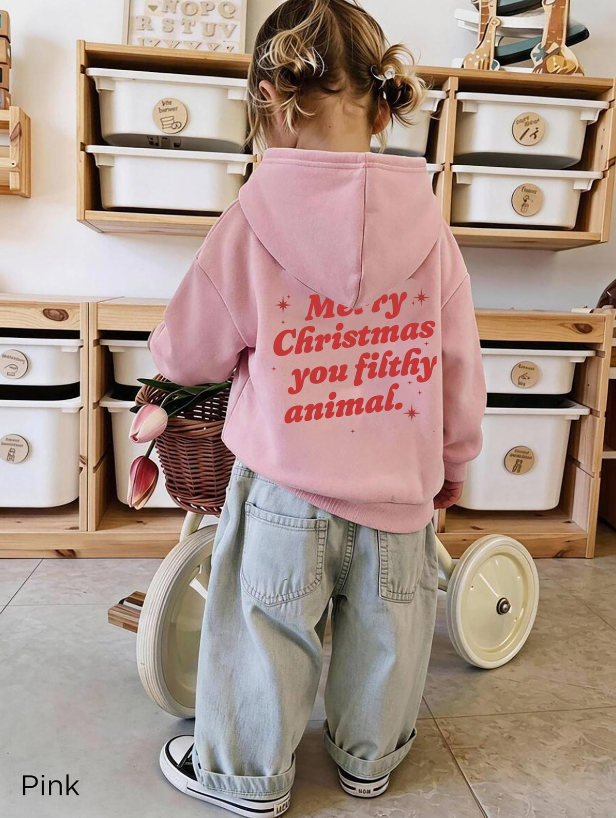Pink Rabbit Skins 3326 toddler pullover hoodie with plain front pocket and funny Christmas DTG print on the back, perfect for festive outfits and gifts.