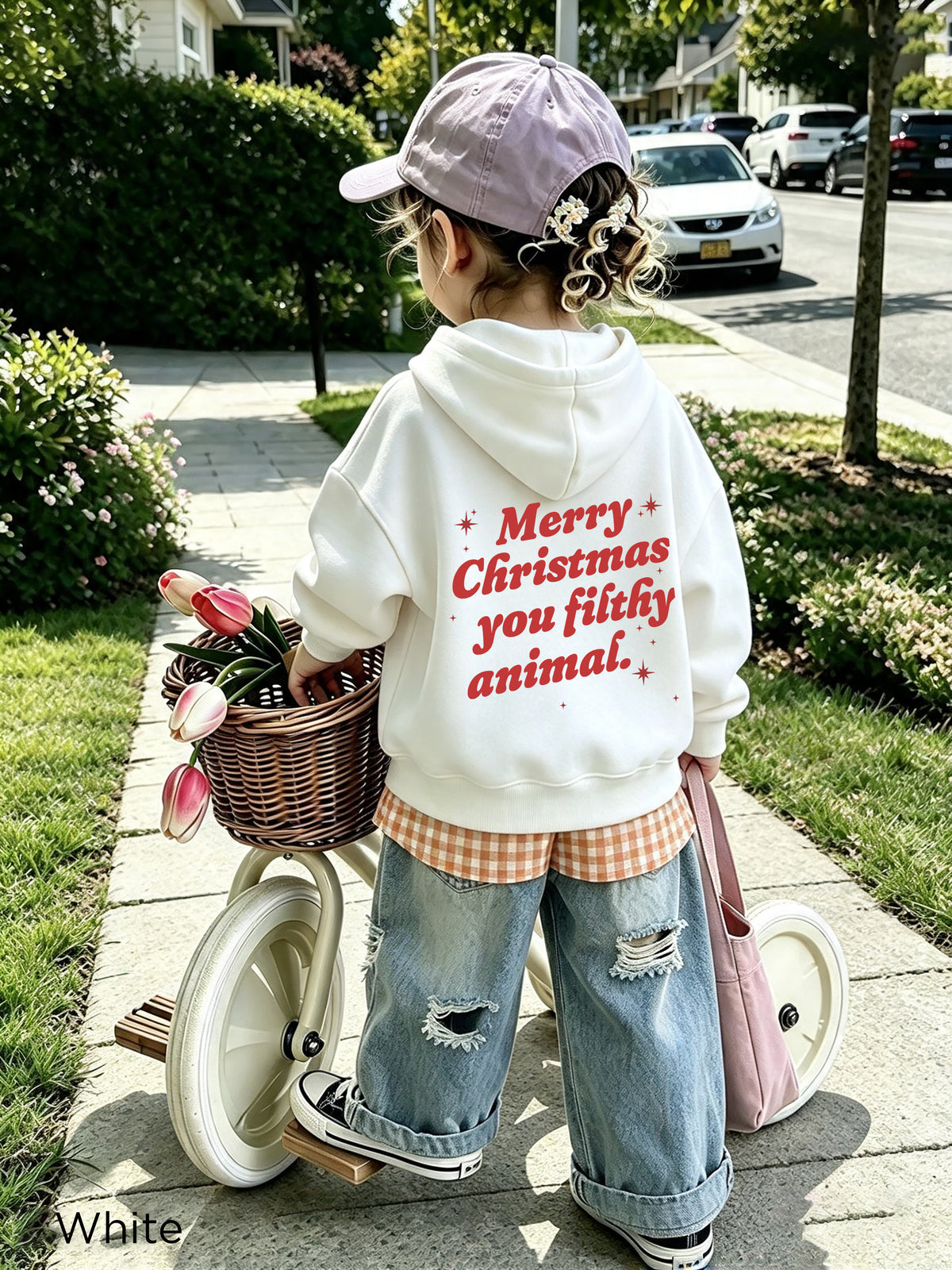 White Kids Merry Christmas You Filthy Animal hoodie with funny Christmas quote and red star design printed on the back.