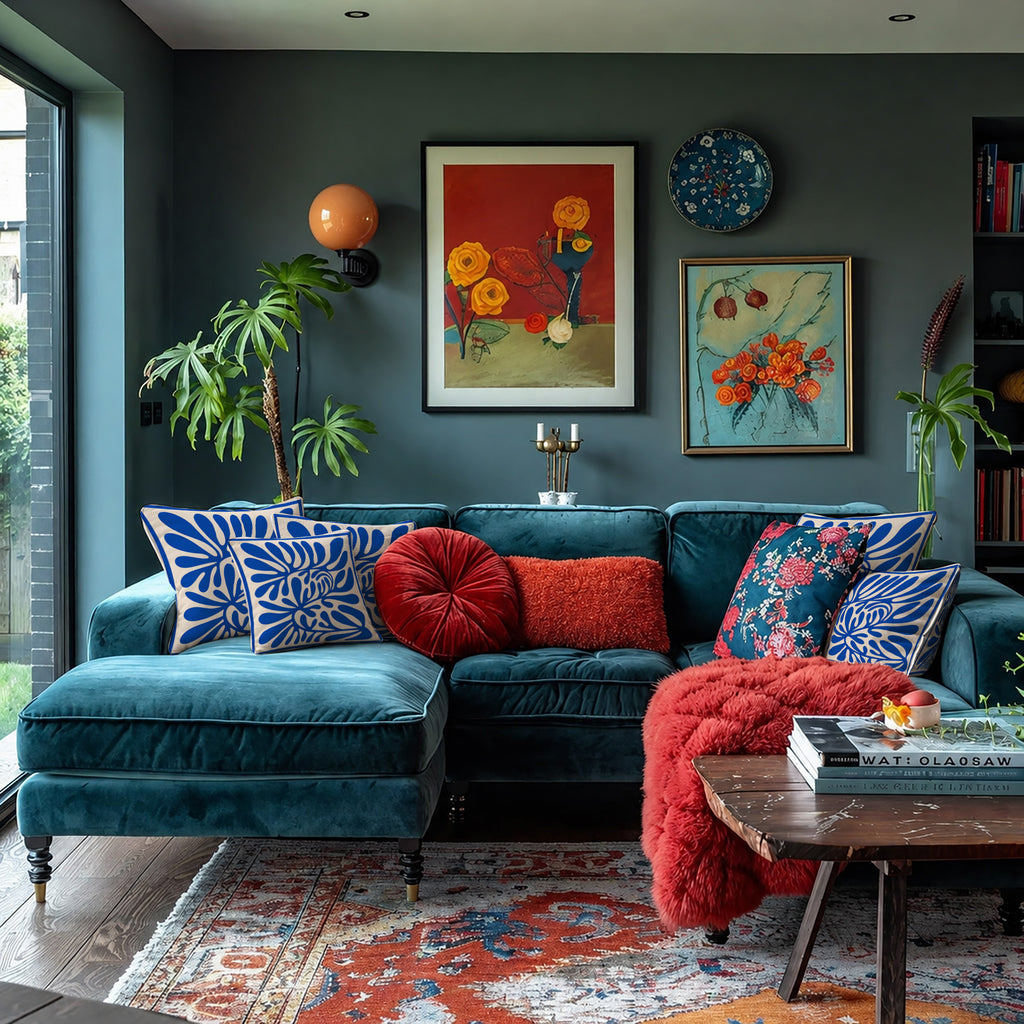 Double-sided faux suede decorative pillow with contemporary botanical artwork and gallery-inspired design.